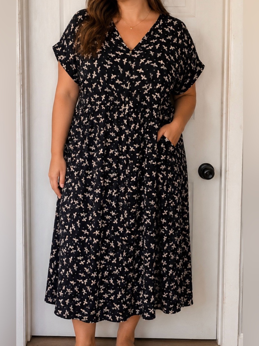 LOFT Black Midi Dress with Cream Floral Print